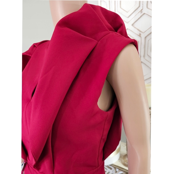 TS Couture Deep Red Ruffled Angel Sleeve Knee Length Sheath Dress - Picture 4 of 9